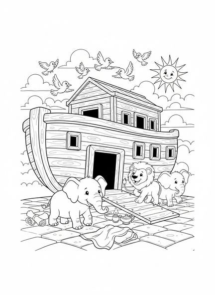 Éléphants et lion, page à colorier Vatican pour les enfants de catéchisme âgés de 5 à 12 ans