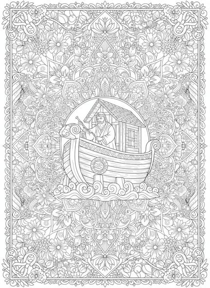 Noah baut die Arche, Mutige Bibel Malvorlage für Erwachsene im Stil des Bibel-Journaling.