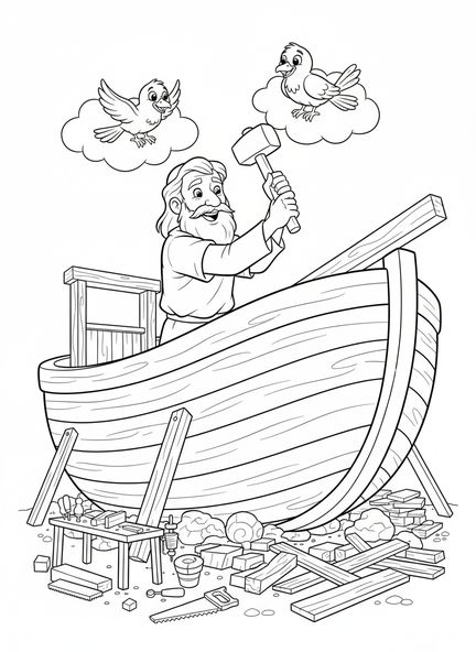Noah baut die Arche, Mut Bibel Ausmalbild für Kinder im Alter von 5-10 Jahren.