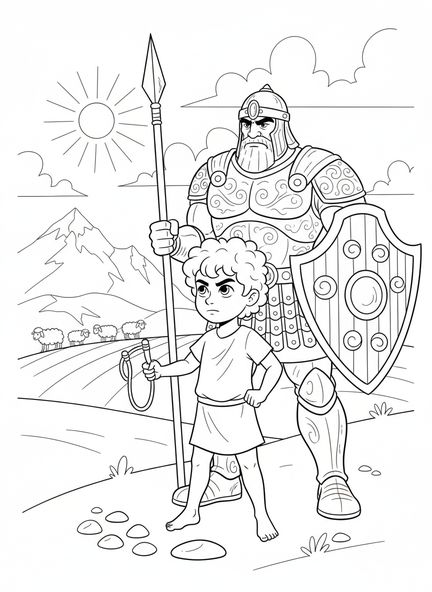 Der mutige David mit der Schleuder, Ausmalbild von David für Kinder im Alter von 5-10 Jahren.