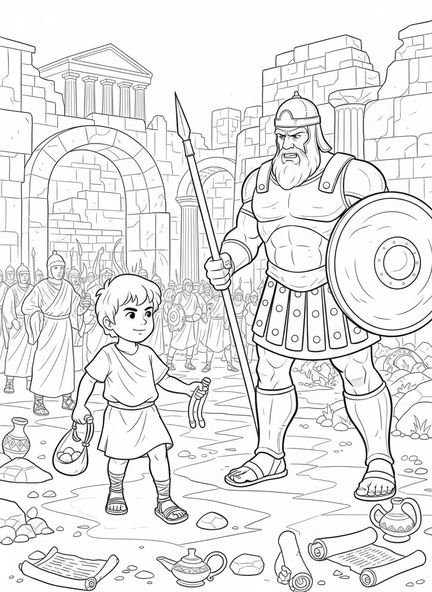 Der junge Hirte David mit der Schleuder, Ausmalbild von David für die Sonntagsschule für Kinder im Alter von 5-12 Jahren.