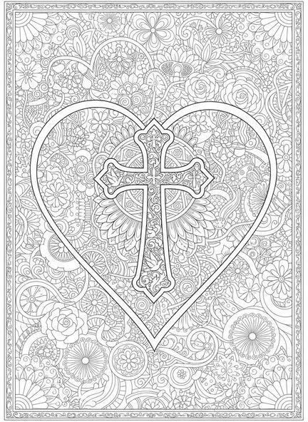 Forme de cœur tenant une croix, page à colorier Cœur et Croix pour adultes dans le style du journal biblique.