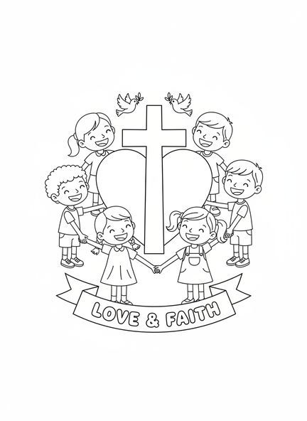Enfants se tenant par la main, page à colorier Croix et Cœur pour les enfants de 5 à 10 ans.