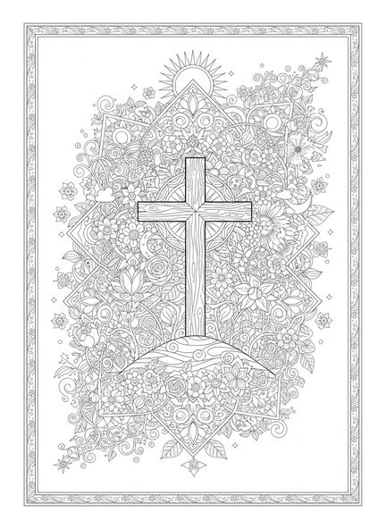 Cruz de madera en la colina, página para colorear Cruz en la Colina estilo journaling bíblico para adultos.