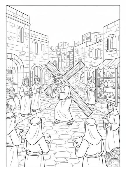 Jesús cargando la cruz, página para colorear de la Cruz en la Colina para niños de la Escuela Dominical de 5 a 12 años.