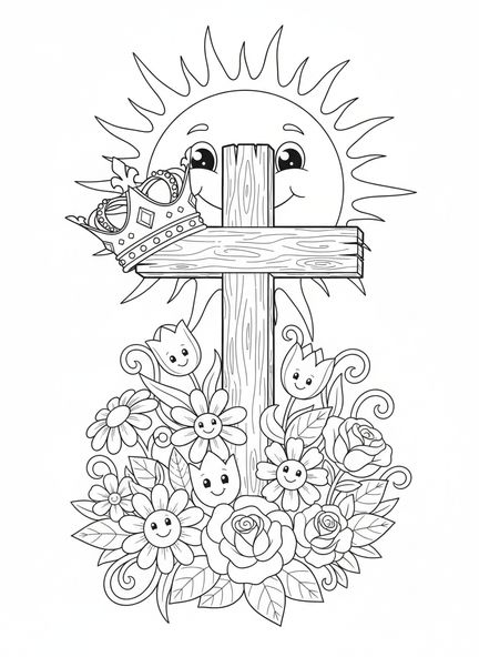 Cruz de madera con corona, página para colorear Cruz con Corona para niños de 5 a 10 años.