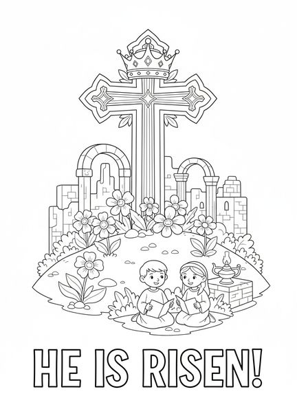 Gran cruz con corona, página para colorear Cruz con Corona para niños de Escuela Dominical de 5 a 12 años.