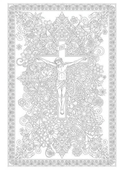 Jesus na cruz, página para colorir do Crucifixo no estilo de journaling bíblico para adultos.