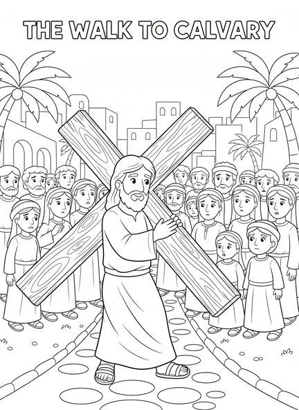 Jesus trägt ein Kreuz, Ausmalbild vom Kreuzweg für Kinder im Alter von 5-10 Jahren.