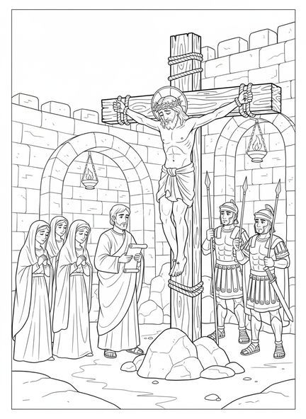 Jésus sur la croix, page à colorier Crucifix pour les enfants de l'École du dimanche âgés de 5 à 12 ans