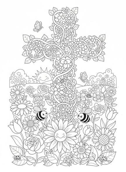 Croix florale entourée de fleurs, page à colorier Croix florale pour enfants de 5 à 10 ans.