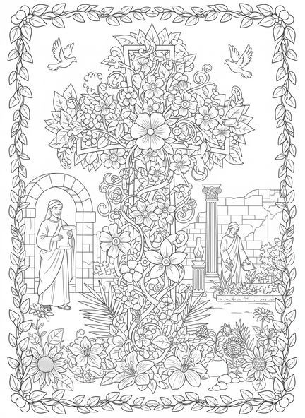 Blumenkreuz, Ausmalbild vom Blumenkreuz für Kinder in der Sonntagsschule im Alter von 5-12 Jahren.