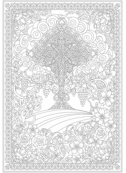 Cruz de hierro en la cima de una colina, página para colorear de la Cruz de Hierro estilo journaling bíblico para adultos.