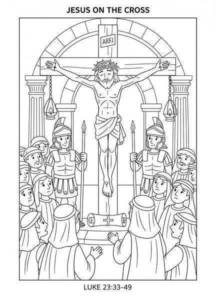 Jesús en la cruz, página para colorear de la Cruz de Hierro para niños de la Escuela Dominical de 5 a 12 años.