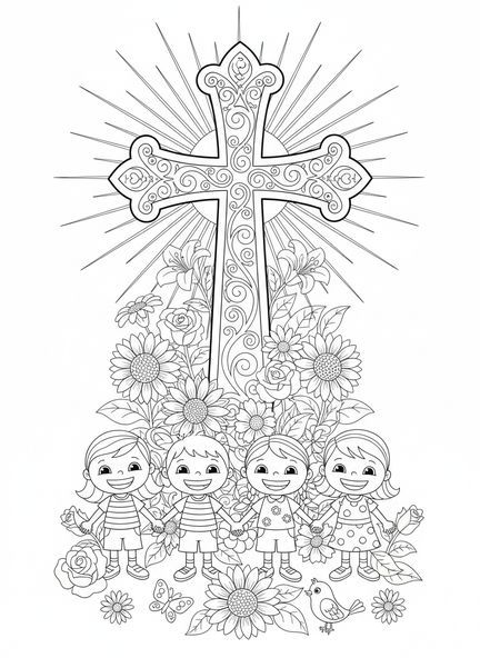Crianças de mãos dadas, página de colorir da Cruz Ornada para crianças de 5 a 10 anos