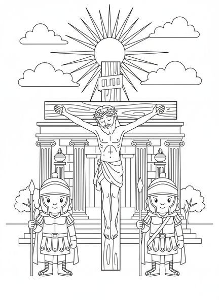 Jesús en la cruz, página para colorear de la Cruz Ornamental para niños de la Escuela Dominical de 5 a 12 años