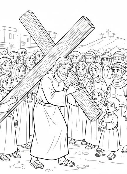 Jésus portant la croix, page à colorier de la Croix Rugueuse pour les enfants de 5 à 10 ans.