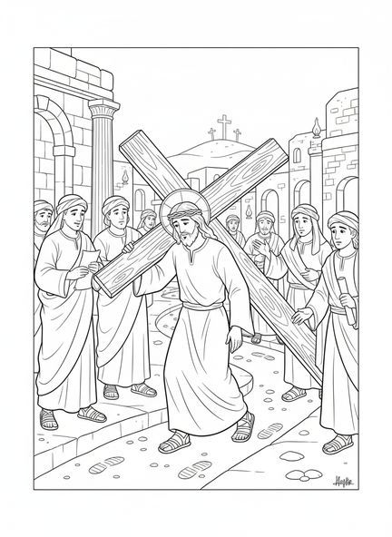 Jesus trägt das Kreuz, Ausmalbild vom rauen Kreuz für Kinder in der Sonntagsschule im Alter von 5-12 Jahren.
