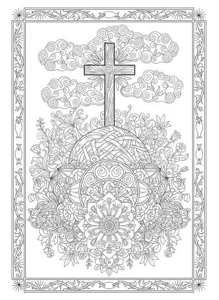 Cruz de madera en la cima de la colina, página para colorear de la Cruz de Madera estilo journaling bíblico para adultos.