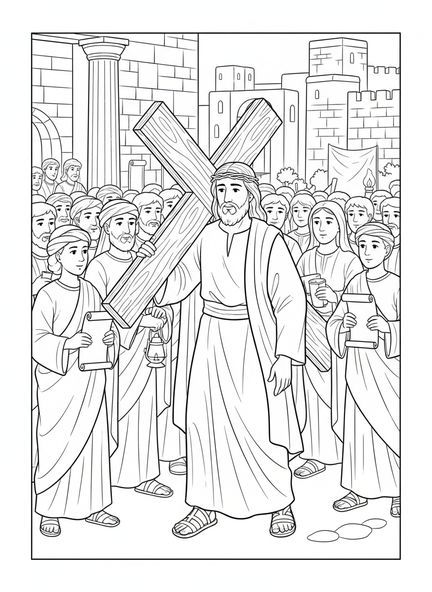 Jesús cargando la cruz, página para colorear de la Cruz de Madera para niños de la Escuela Dominical de 5 a 12 años