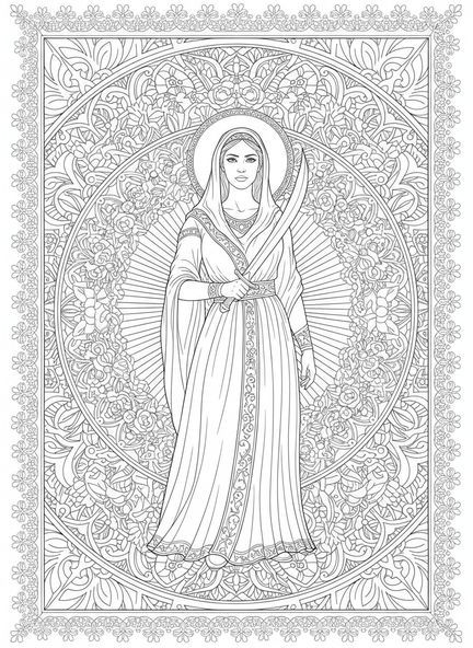 Judith mit Schwert, Ausmalbild von Judith und Holofernes im Stil des Bibel-Journalings für Erwachsene.