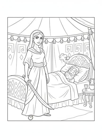Judith mit Schwert, Ausmalbild von Judith und Holofernes für Kinder im Alter von 5-10 Jahren