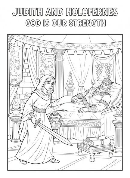 Judith nähert sich Holofernes, Ausmalbild von Judith und Holofernes für Sonntagsschulkinder im Alter von 5-12 Jahren.