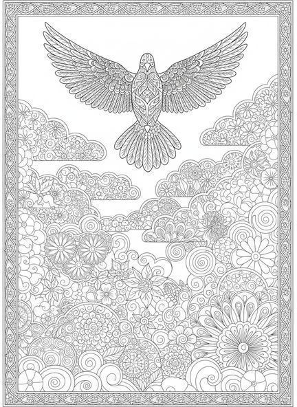 Pomba descendo, página de colorir do Espírito Santo para adultos no estilo de journaling bíblico.