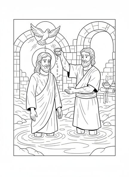 Jesus sendo batizado, página de colorir do Espírito Santo em forma de pomba para crianças da Escola Dominical de 5 a 12 anos