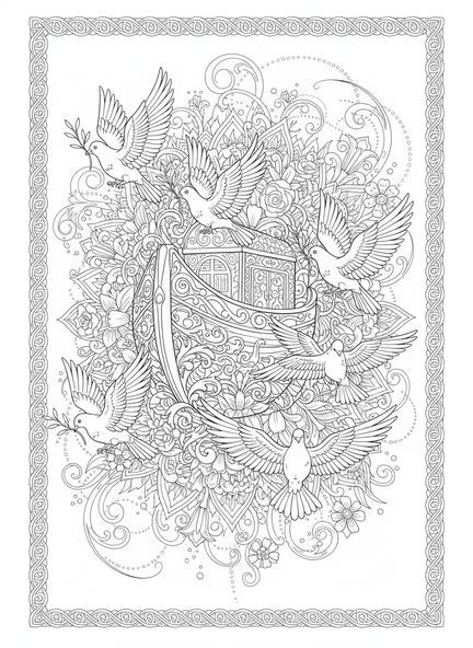 Arche ornée remplie de colombes, page à colorier Colombes de la Paix pour adultes dans le style du journal biblique