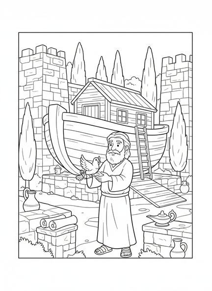 Noé avec une colombe, page à colorier des colombes de la paix pour les enfants de l'École du dimanche âgés de 5 à 12 ans.