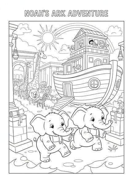 Paire d'éléphants, page à colorier de l'Arche de Noé pour les enfants de l'École du dimanche âgés de 5 à 12 ans.