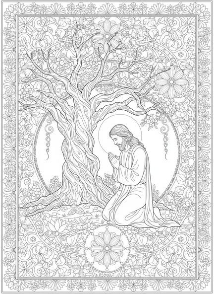 Jesus orando no jardim, página para colorir Agonia no Jardim para adultos no estilo de journaling bíblico