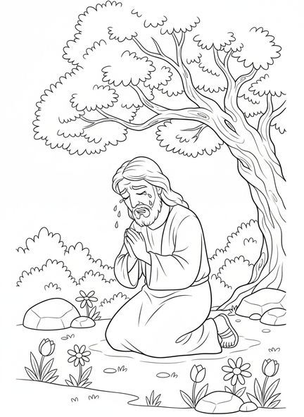 Jesus betet im Garten, Ausmalbild zur Agonie im Garten für Kinder im Alter von 5-10 Jahren