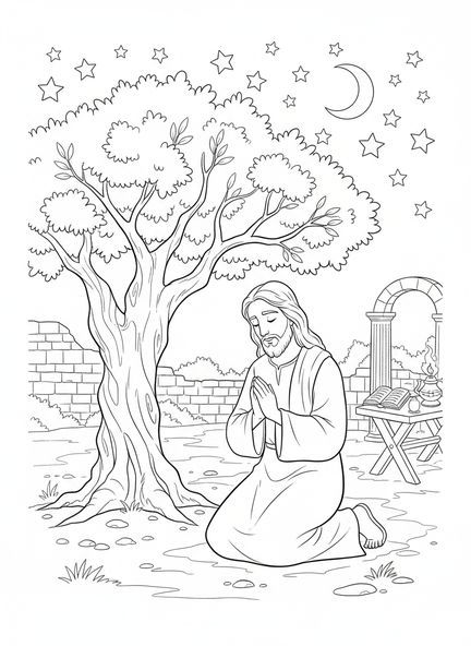 Jesus kniet im Garten, Ausmalbild zur Agonie im Garten für Sonntagsschulkinder im Alter von 5-12 Jahren.