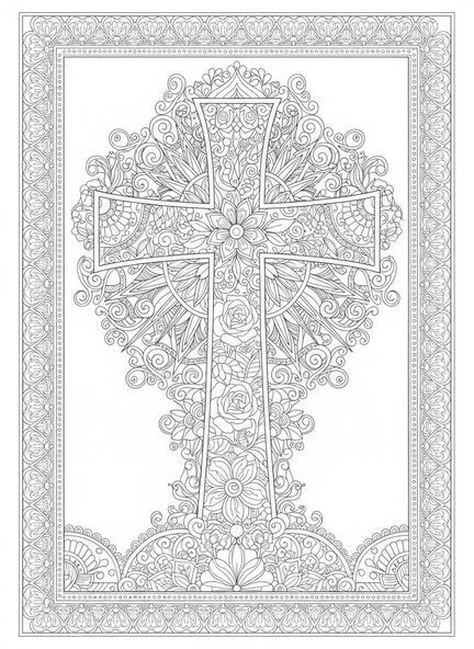 Croix en bois entourée de fleurs, page à colorier sur la Crucifixion avec une couronne d'épines pour le journal biblique des adultes