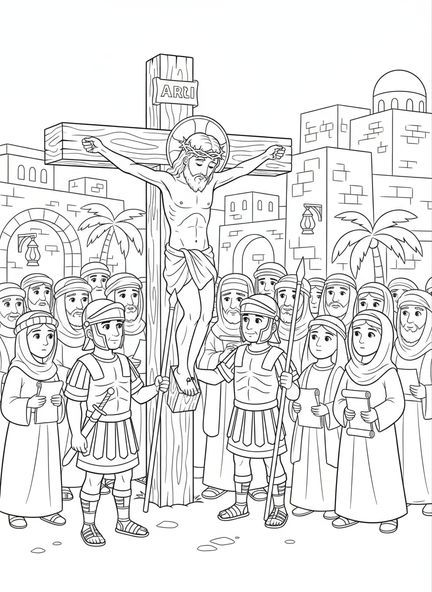 Jésus sur la croix, page à colorier Crucifixion Couronne d'épines pour les enfants de l'École du dimanche âgés de 5 à 12 ans