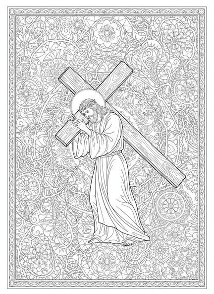 Jesus trägt das Kreuz, Ausmalbild zur Kreuzigung für Erwachsene im Bibel-Journaling-Stil