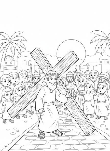 Jesus trägt das Kreuz, Ausmalbild zur Kreuzigung für Kinder im Alter von 5-10 Jahren.