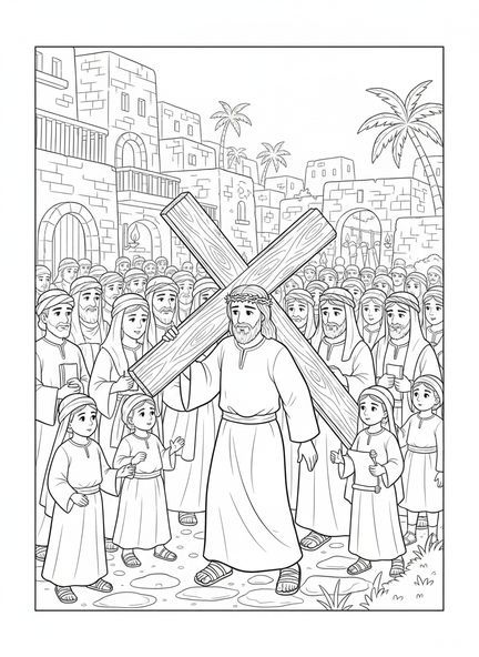 Jesus trägt das Kreuz, Ausmalbild von Jesus am Kreuz für Kinder in der Sonntagsschule im Alter von 5-12 Jahren.