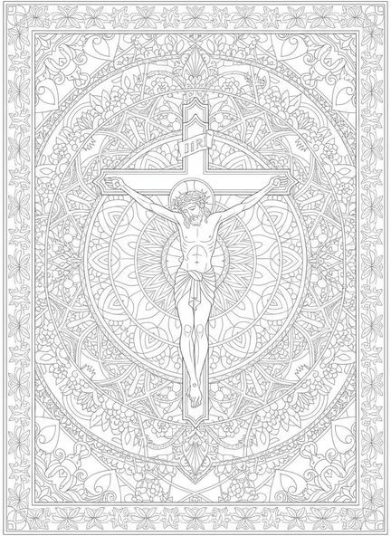 Jésus sur la croix, page à colorier de la crucifixion pour adultes dans un style de journal biblique.