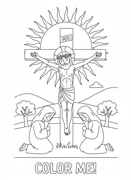 Jésus sur la croix, page à colorier Crucifixion Jésus sur la croix pour les enfants de 5 à 10 ans.