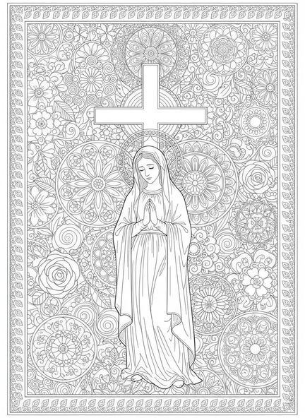 Maria aos pés da cruz, página para colorir da Crucificação de Maria aos pés da cruz no estilo de journaling bíblico para adultos.