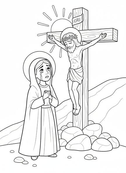 Maria olhando para cima, página de colorir da Crucificação de Maria aos pés da Cruz para crianças de 5 a 10 anos