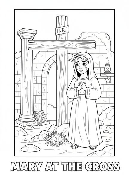 Maria em pé perto da cruz, página de colorir da Crucificação de Maria aos Pés da Cruz para crianças da Escola Dominical de 5 a 12 anos.