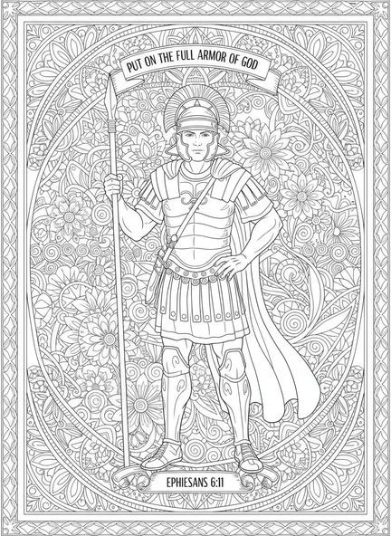 Soldat romain tenant une lance, page à colorier sur la Crucifixion pour adultes dans le style du journal biblique.