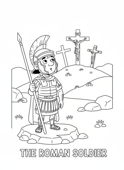 Soldat romain avec une lance, page à colorier sur la crucifixion pour les enfants de 5 à 10 ans.