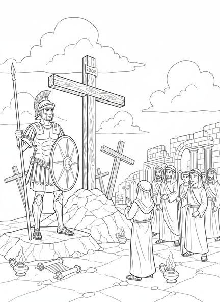 Soldat romain avec une lance, page à colorier Soldat romain de la crucifixion pour les enfants de l'École du dimanche âgés de 5 à 12 ans.