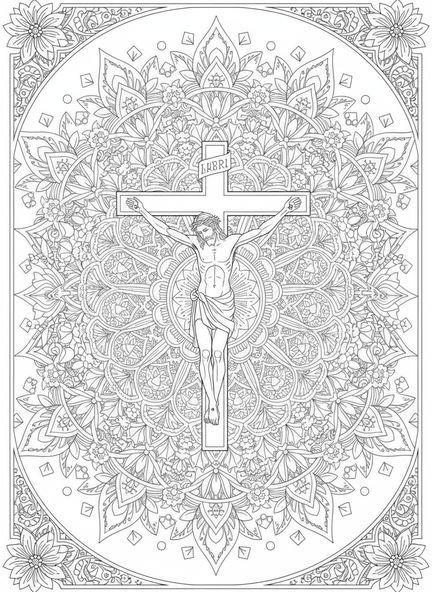 Jesus na cruz, página de colorir da Crucificação Três Cruzes Colina para adultos no estilo de journaling bíblico.