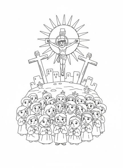 Jesús en la cruz, página para colorear de la Crucifixión Tres Cruces en la colina para niños de 5 a 10 años.